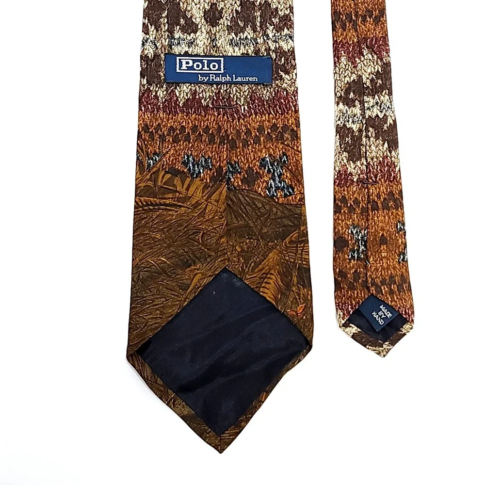 Vintage 90s Polo Ralph Lauren  Pheasant Bird Silk Neck Tie Brown Hand Made USA
